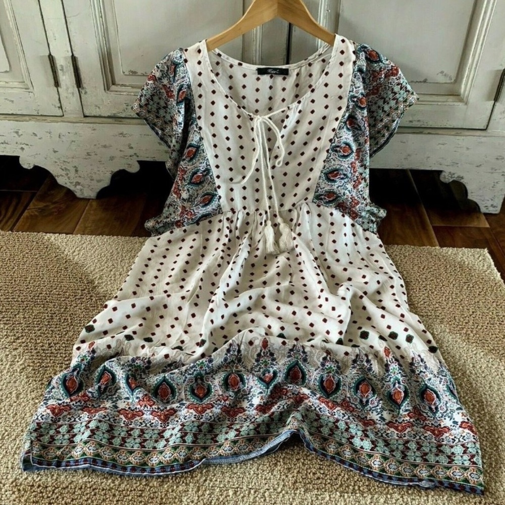 Tassel Tie Boho Print Dress S L NWT